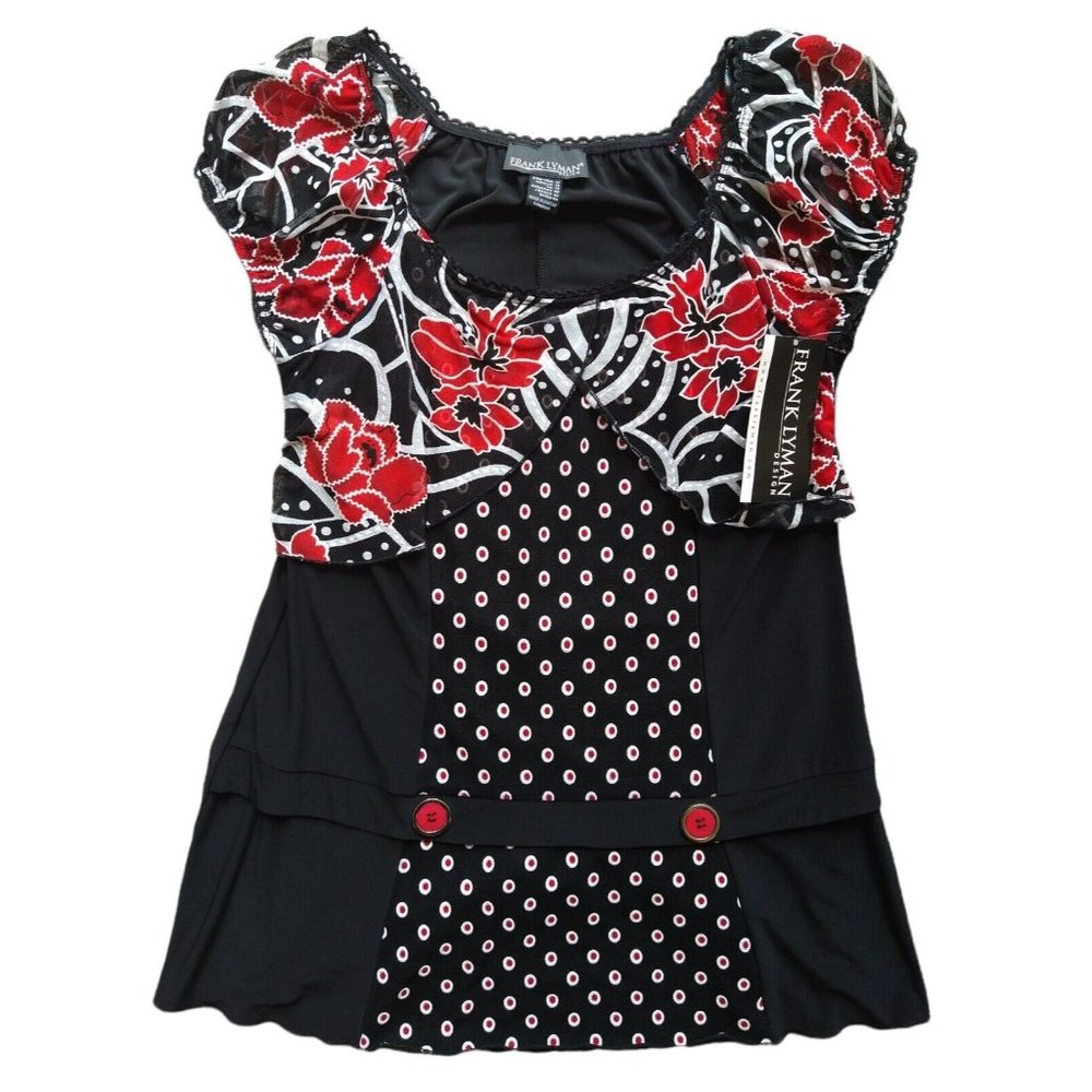 Frank Lyman Floral Red Polka Dot Ruffled Front Black Tunic Blouse New With Tags